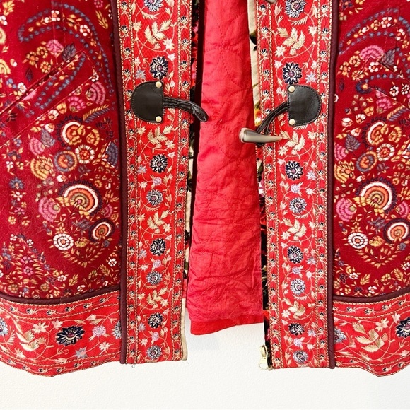 Anthropologie Karelia Coat Elevenses Jacket Red Floral Zip Fur Collar Size 6 - Picture 9 of 15